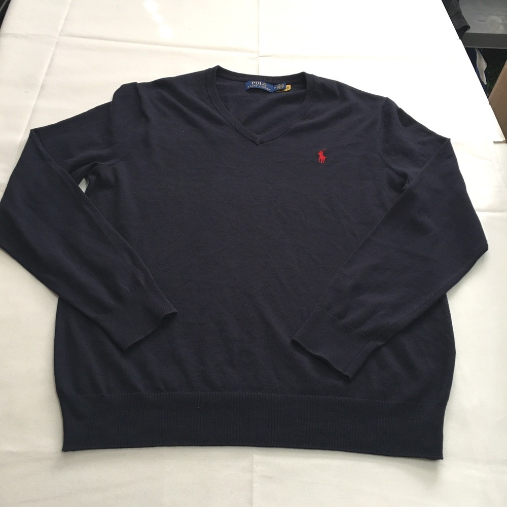 Polo Ralph Lauren V-Neck Sweater Mens Medium Navy Blue Red Pony Logo